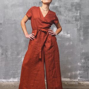 Brick Red Linen Jumpsuit: Wide Leg Wrap Overalls