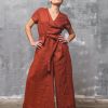 Brick Red Linen Jumpsuit Wrap Front Wide Leg
