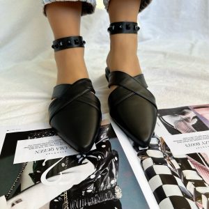 Black Leather Mules Slip On Closed Toe Sandals