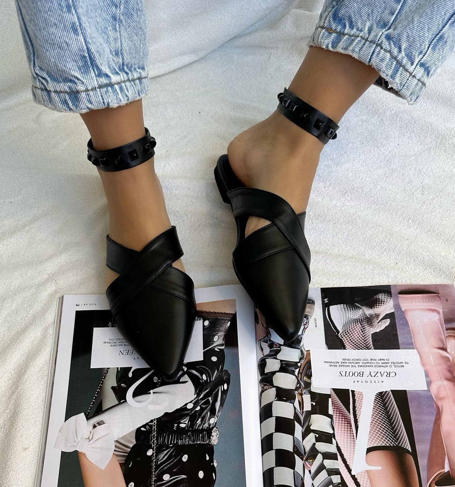 Black Leather Mules Slip On Closed Toe Sandals