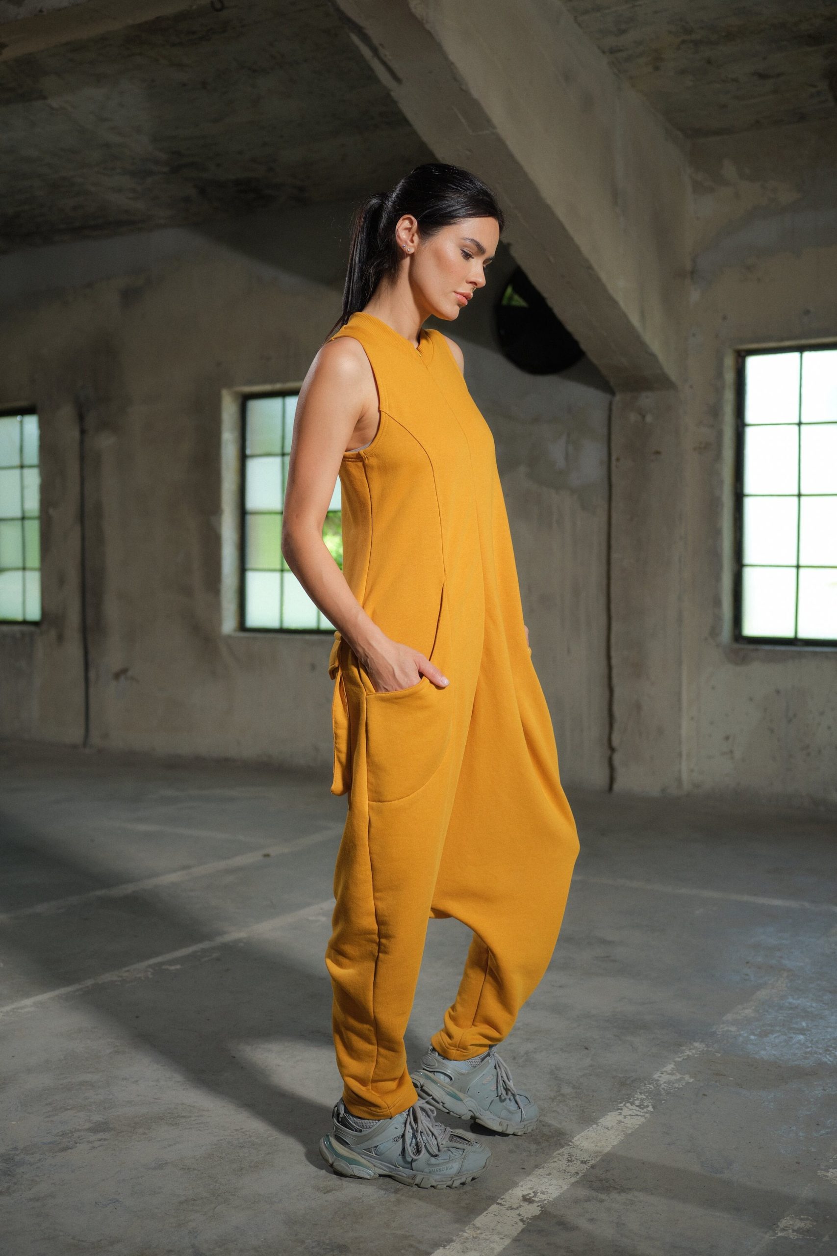 Organic Cotton Drop Crotch Jumpsuit: Avant Garde Utility Organic Cotton Drop Crotch Jumpsuit: Avant Garde Utility