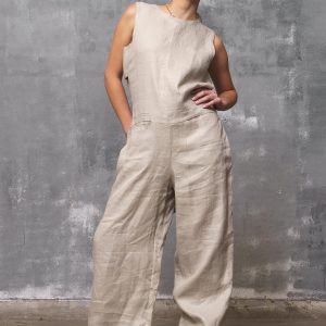 Beige Linen Jumpsuit: Sleeveless Wide Leg Overalls Plus