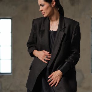 Oversized Black Linen Blazer Boxy Fit Plus Sizes