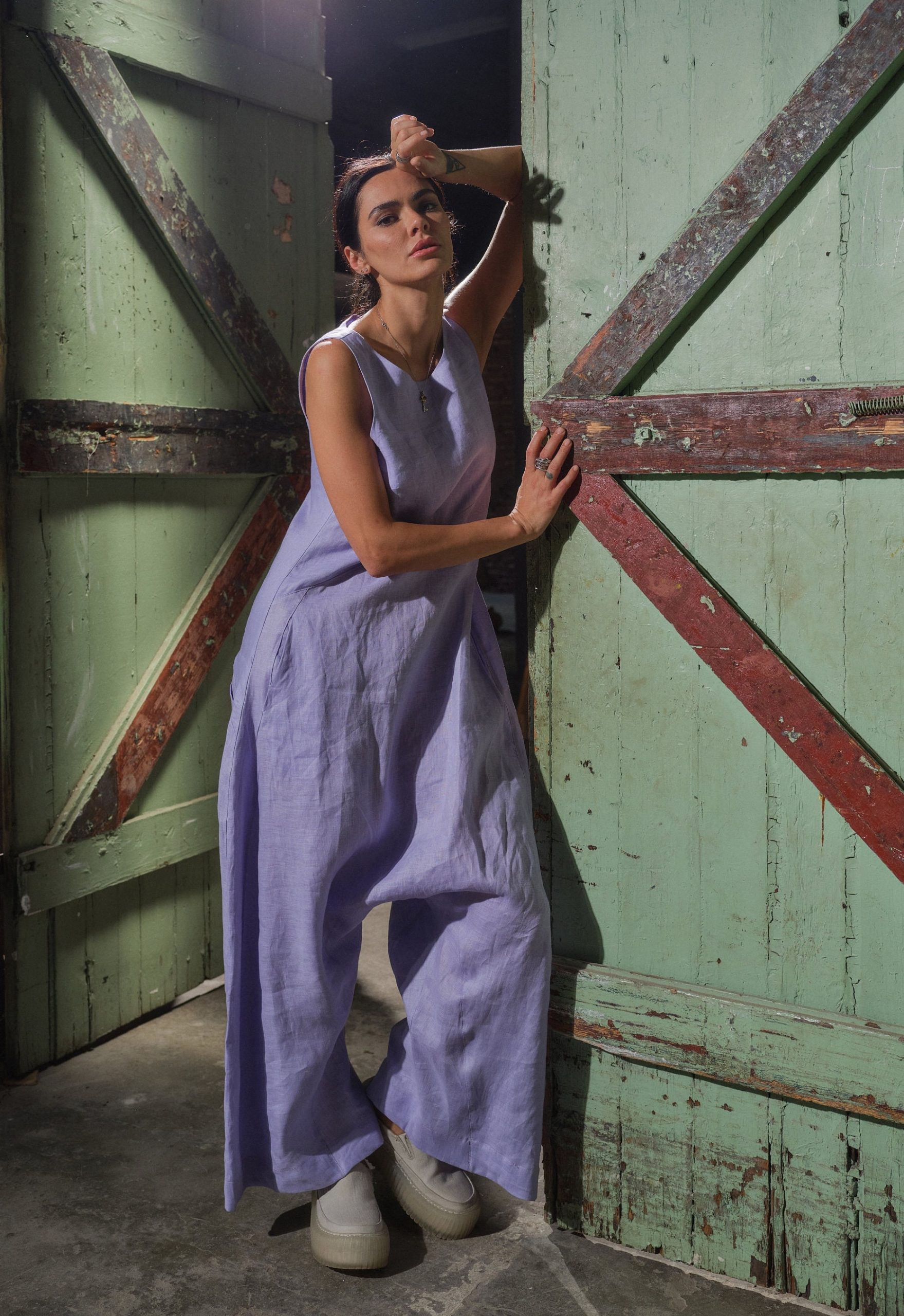 Lilac Linen Jumpsuit: Avant Garde Drop Crotch Overalls Lilac Linen Jumpsuit: Avant Garde Drop Crotch Overalls