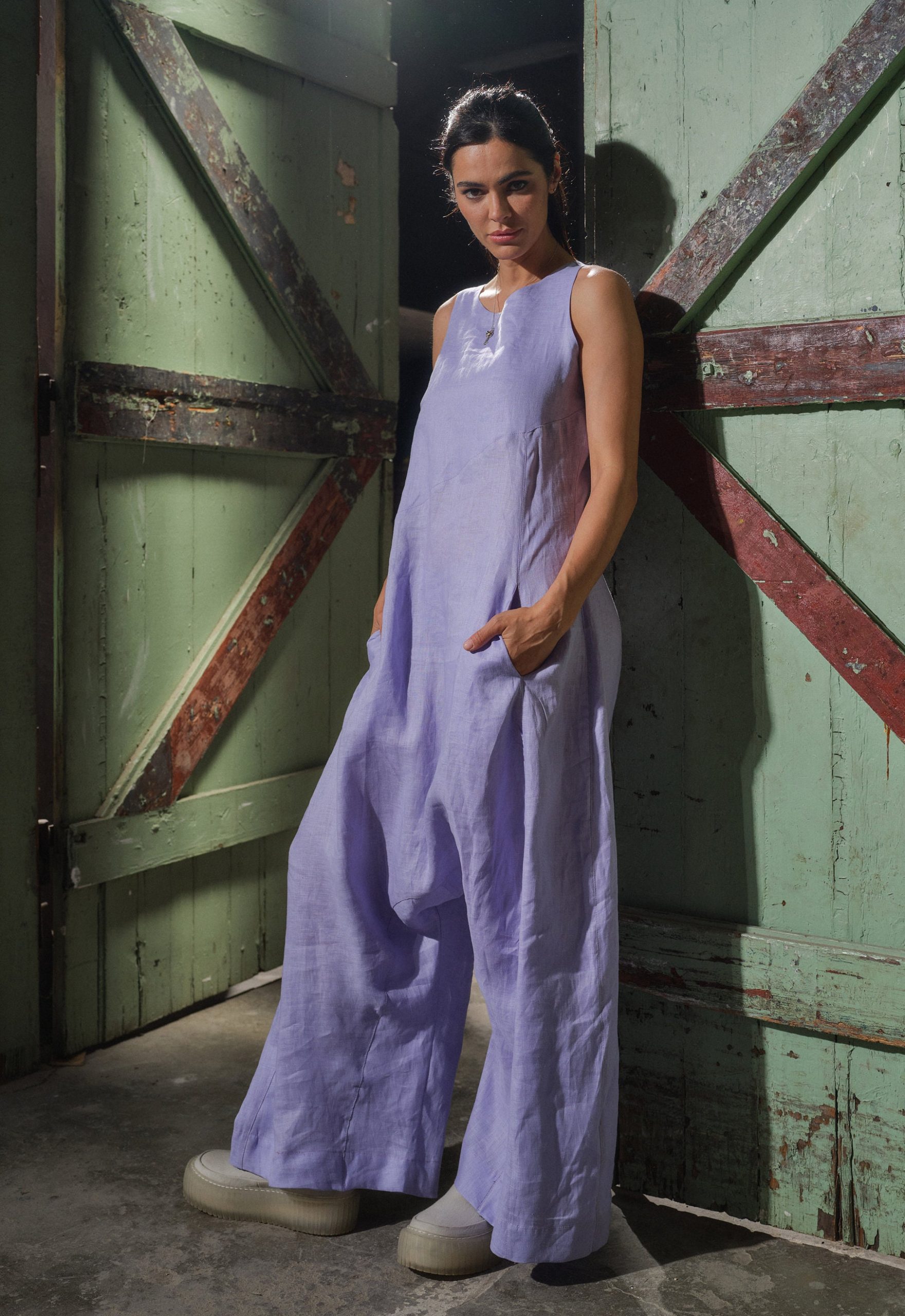Lilac Linen Jumpsuit: Avant Garde Drop Crotch Overalls Lilac Linen Jumpsuit: Avant Garde Drop Crotch Overalls