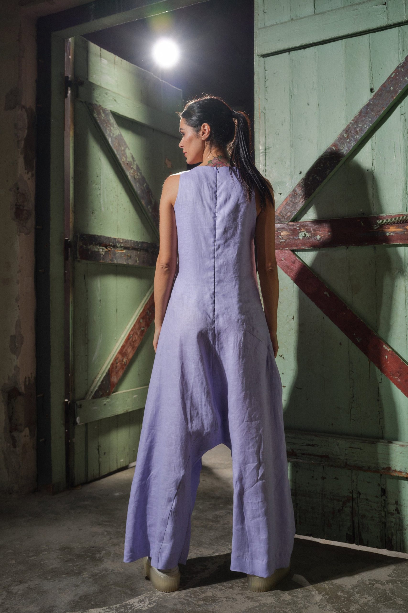 Lilac Linen Jumpsuit: Avant Garde Drop Crotch Overalls Lilac Linen Jumpsuit: Avant Garde Drop Crotch Overalls