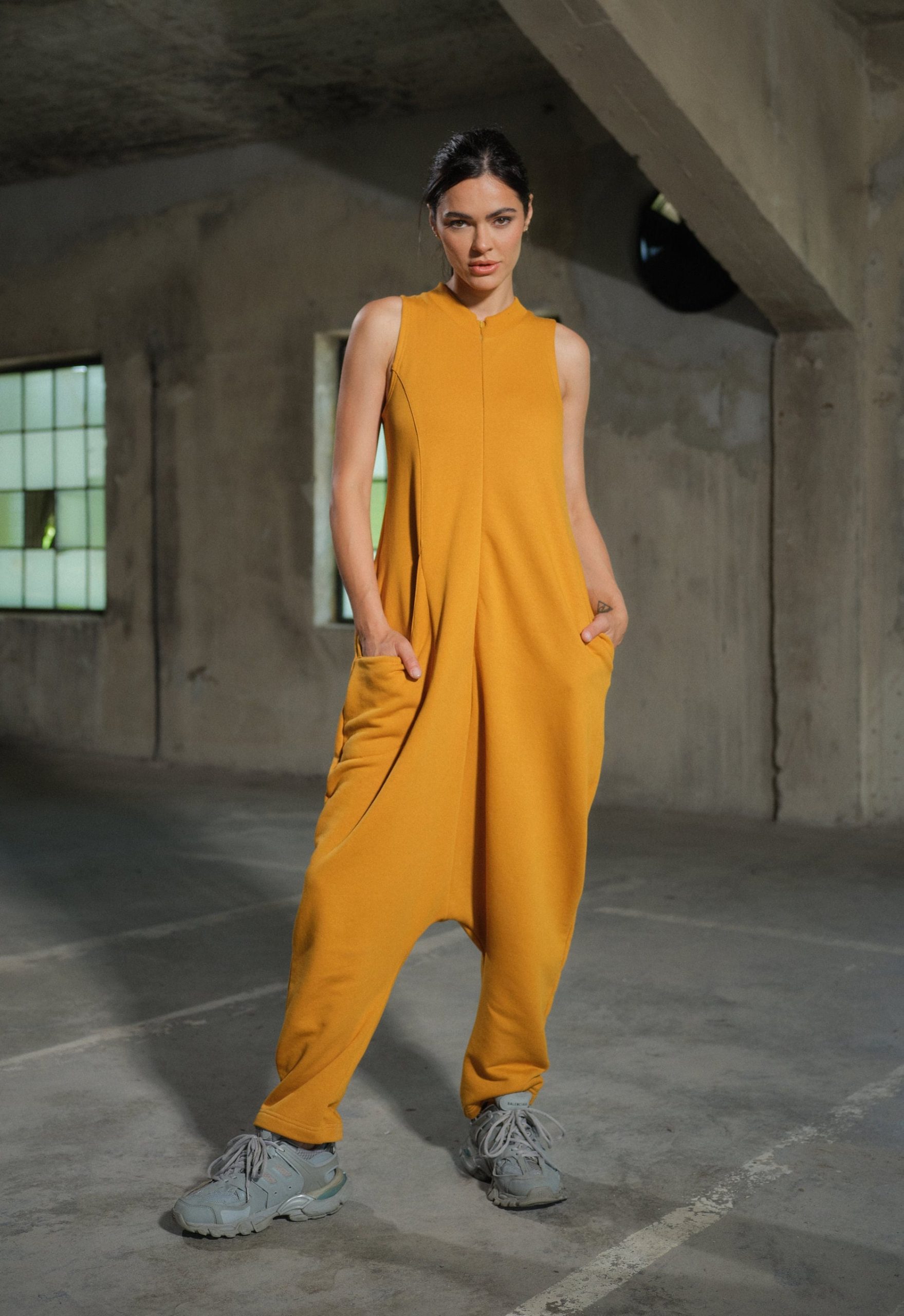Organic Cotton Drop Crotch Jumpsuit: Avant Garde Utility Organic Cotton Drop Crotch Jumpsuit: Avant Garde Utility