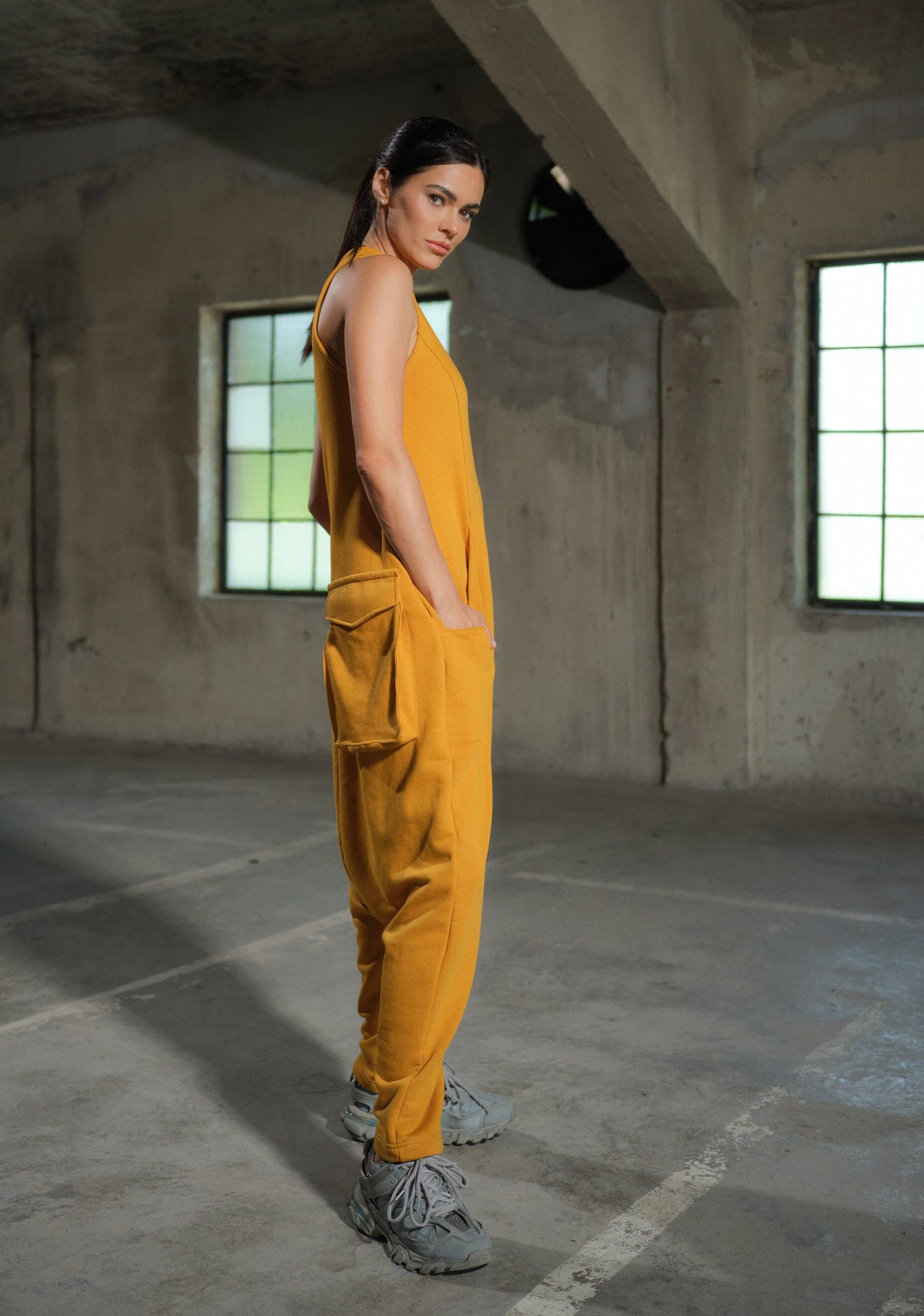 Organic Cotton Drop Crotch Jumpsuit: Avant Garde Utility Organic Cotton Drop Crotch Jumpsuit: Avant Garde Utility
