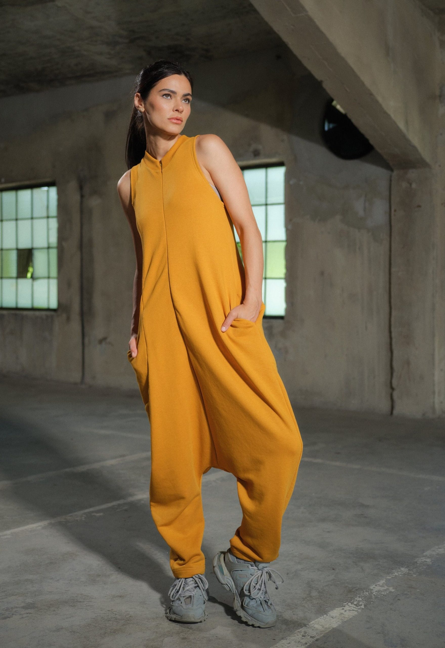 Organic Cotton Drop Crotch Jumpsuit: Avant Garde Utility Organic Cotton Drop Crotch Jumpsuit: Avant Garde Utility