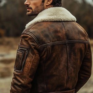Handmade Distressed Brown Sheepskin Leather Bomber Jacket With