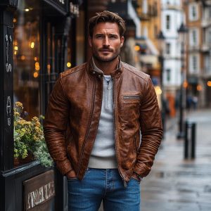 Handmade Distressed Brown Sheepskin Leather Motorcycle Jacket