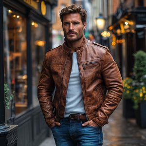 Handmade Distressed Brown Sheepskin Leather Motorcycle Jacket