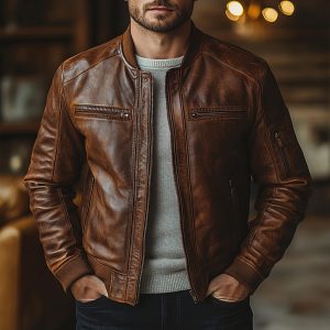 Men's Handmade Brown Sheepskin Leather Biker Jacket