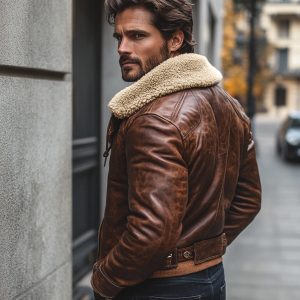 Men's Shearling Bomber Jacket: Distressed Brown Sheepskin Leather