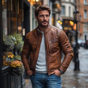 Handmade Distressed Brown Sheepskin Leather Motorcycle Jacket