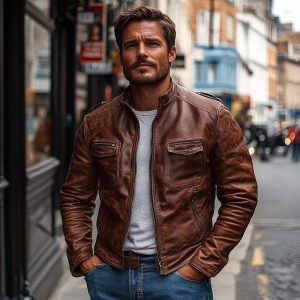 Handmade Distressed Brown Sheepskin Leather Motorcycle Jacket
