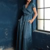 Wide Leg Linen Jumpsuit: Wrap Palazzo Overalls With