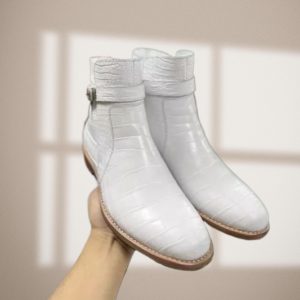 Men's Handmade Long Leather Boots White Pattern Buckle