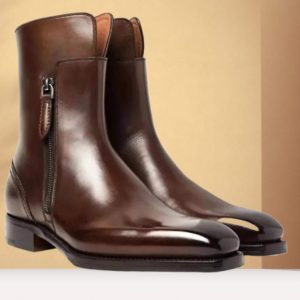 Handmade Men Genuine Leather Ankle Boots Brown Zipper