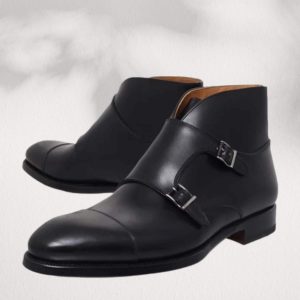 Handmade Black Leather Double Monk Strap Boots: Men's