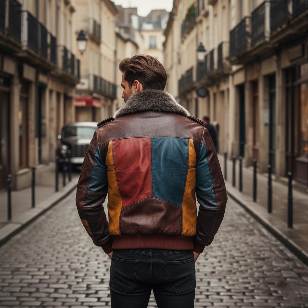 Handcrafted Multicolor Leather Bomber Jacket Faux Fur Collar Handcrafted Multicolor Leather Bomber Jacket Faux Fur Collar