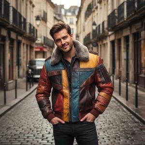 Handcrafted Multicolor Leather Bomber Jacket Faux Fur Collar