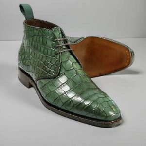 Handmade Men Green Leather Ankle Boots With Lace